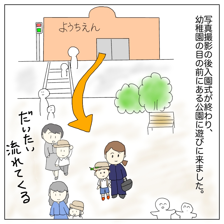 入園式後、幼稚園前の公園に移動する親子のイラスト