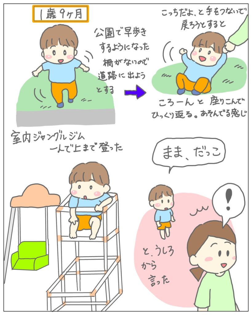 1歳9ヶ月の息子のイラスト。ジャングルジムに登ったり、芝生に座り込む様子