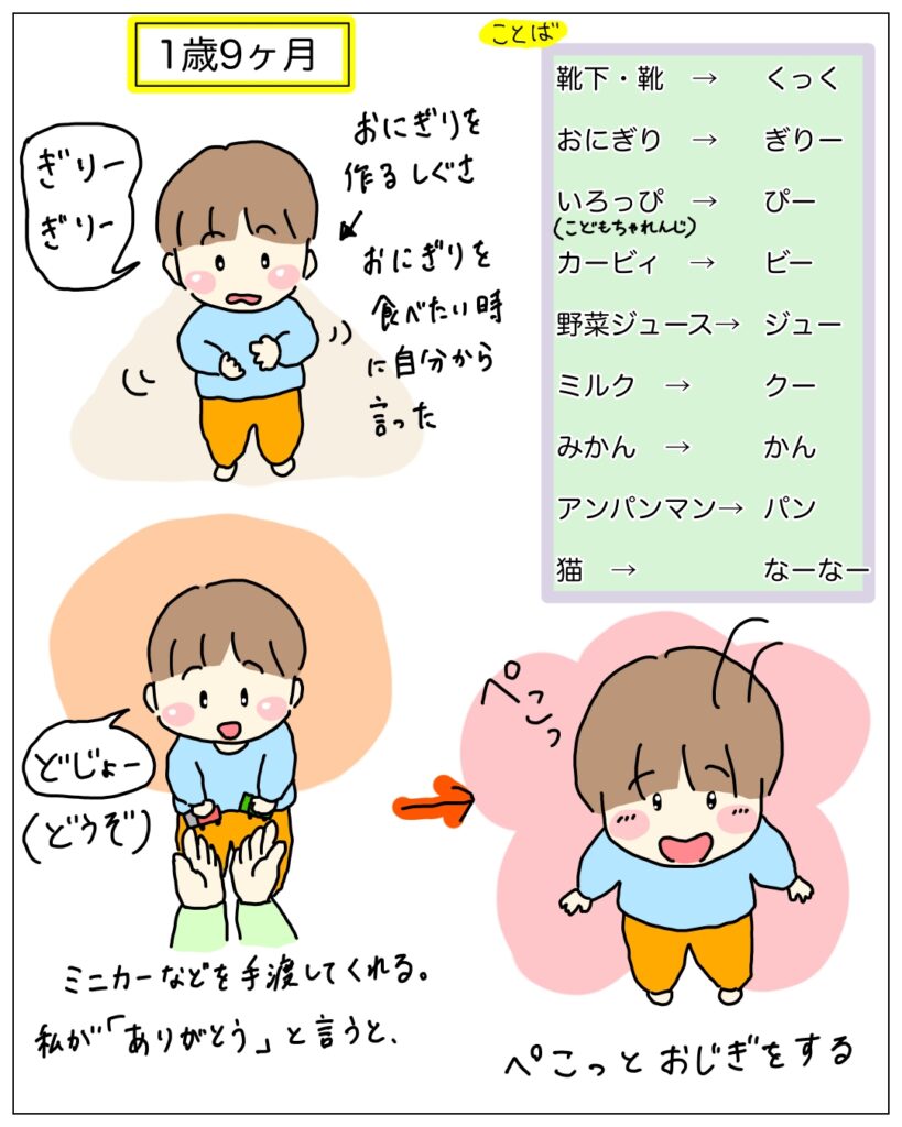 1歳9ヶ月の息子のイラスト。増えた言葉の表、どうぞをする息子の絵。