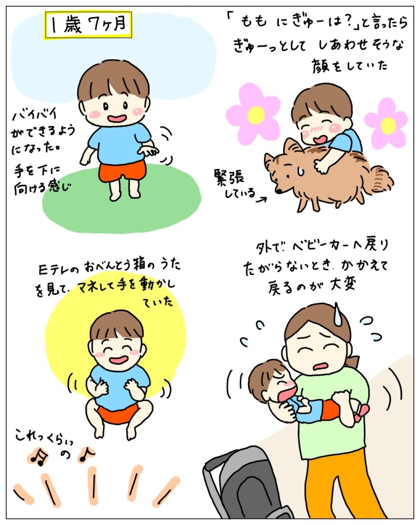 1歳7ヶ月の息子のイラスト。バイバイをしたり、お弁当箱のうたを真似している。