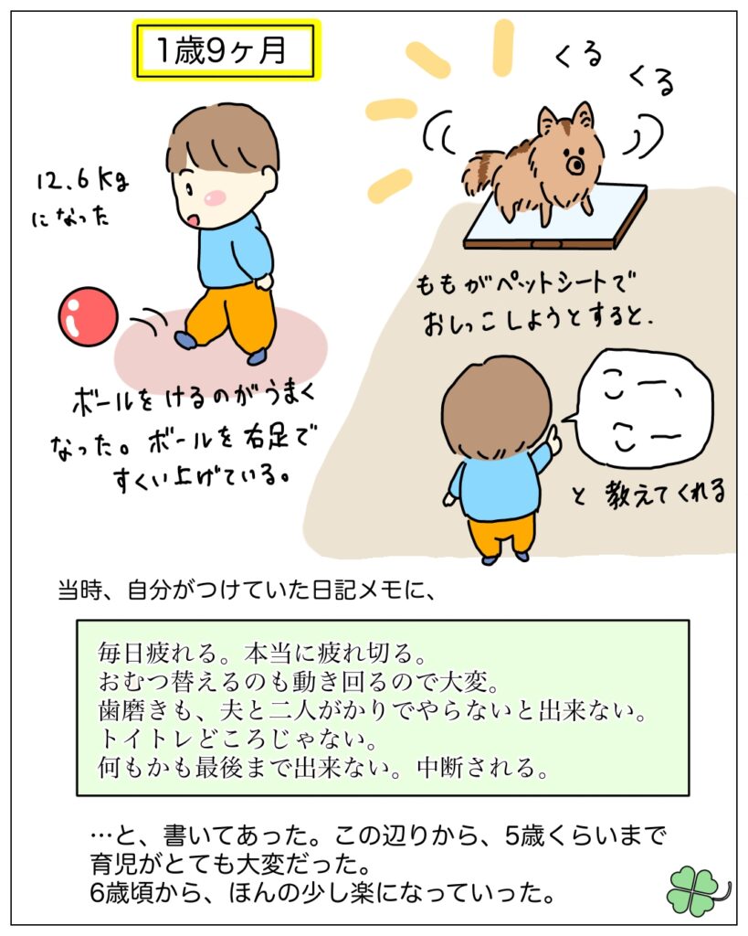 1歳9ヶ月の息子のイラスト。ボールを蹴ったり、ペットのトイレを教えてくれる。