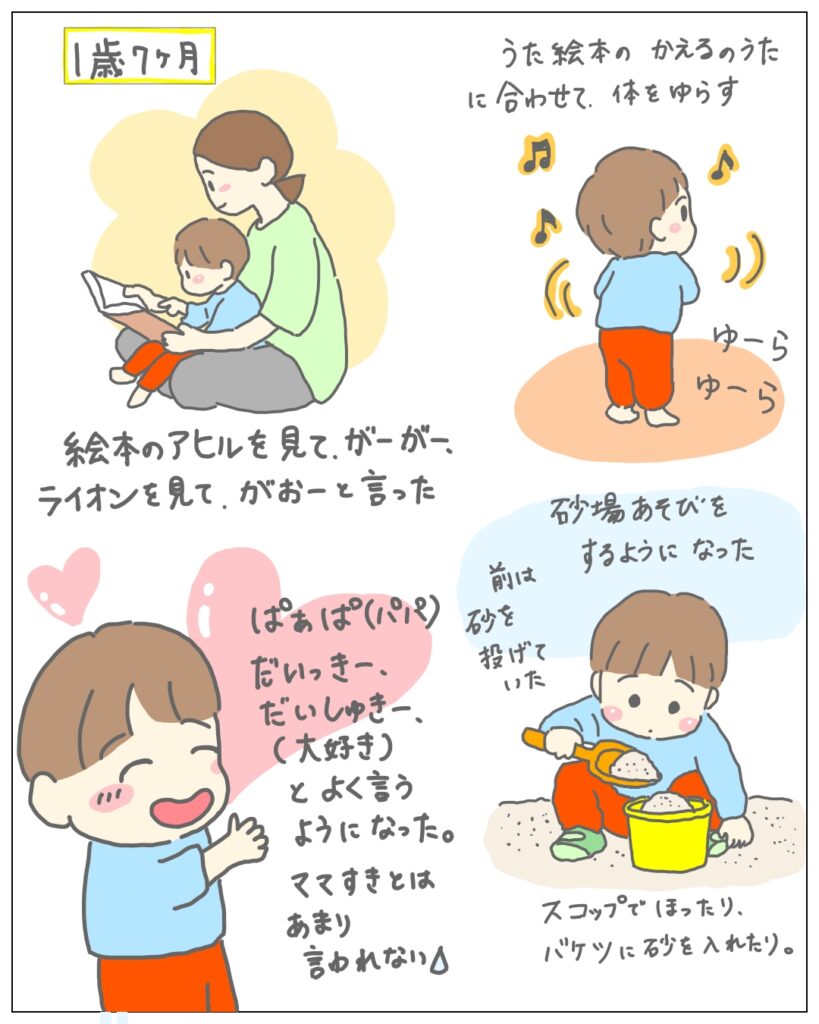 絵本を親子で読んだり、砂場で遊んだり、歌に合わせて体を揺らす息子のイラスト