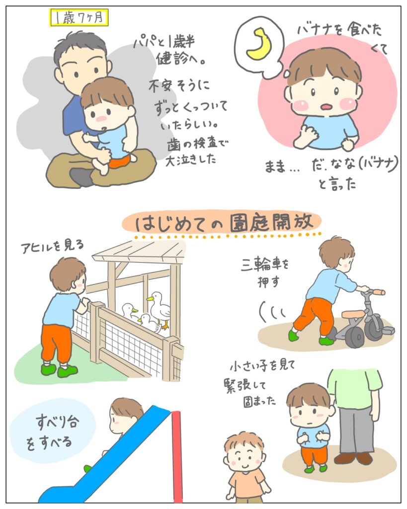 一歳半健診と園庭開放の息子の様子のイラスト