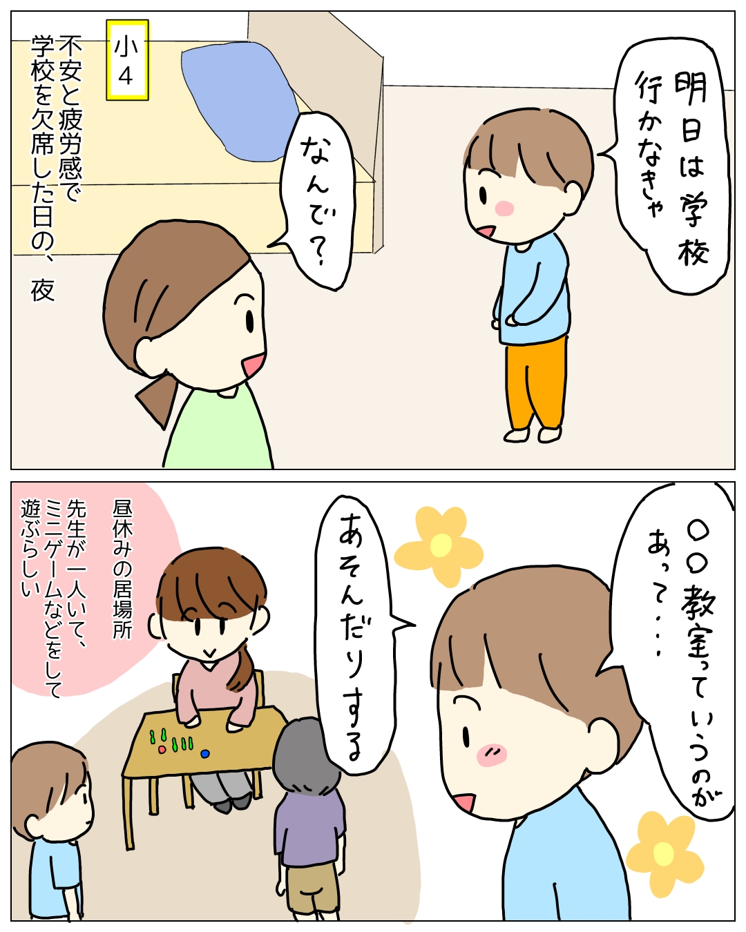 五月雨登校のイラスト。昼休みの楽しみな教室について息子が語っている
