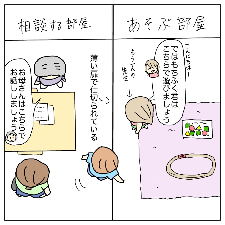 遊ぶ部屋と相談する部屋に別れる母と息子のイラスト
